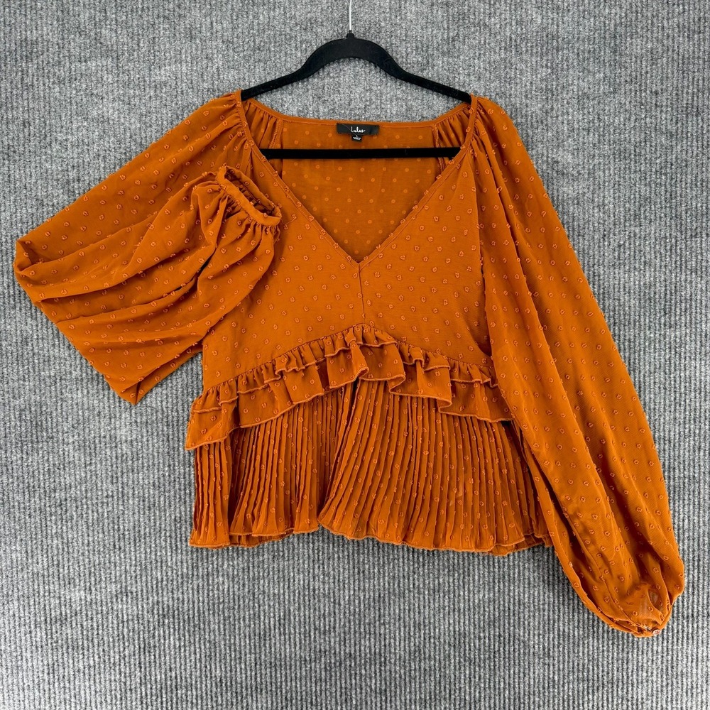 Lulus Thrills and frills rust swiss dot ruffle long sleeve going out top Large